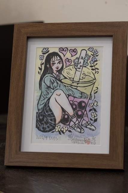 木版画作品 裏手彩色 額装原画 「もちもち!!」No.2/5