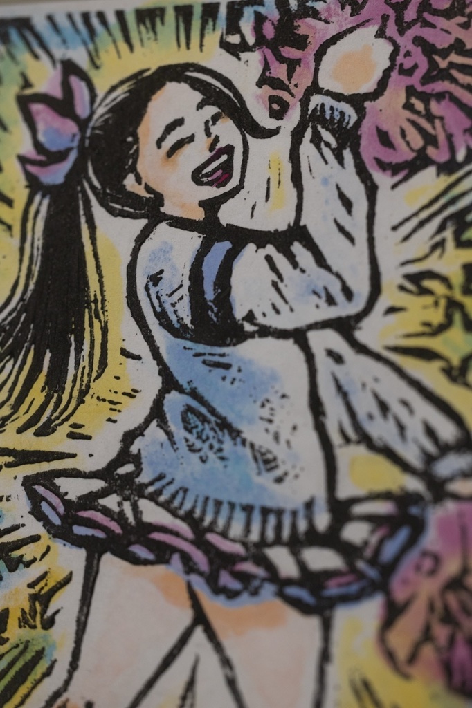 木版画作品 裏手彩色 額装原画 「まぶしすぎた」No.1/5