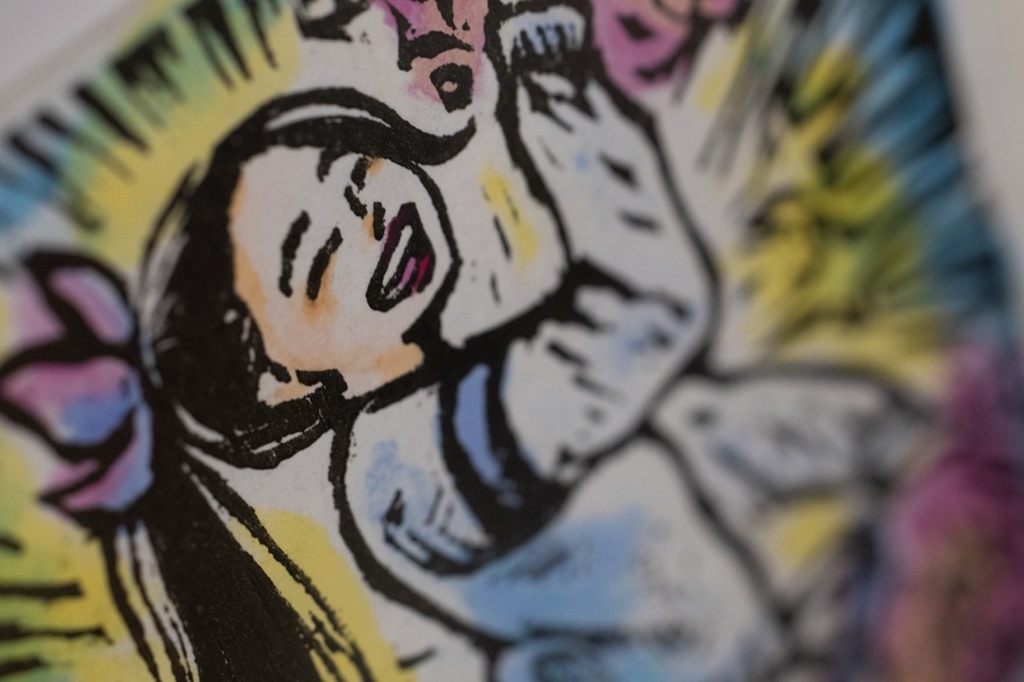 木版画作品 裏手彩色 額装原画 「まぶしすぎた」No.1/5