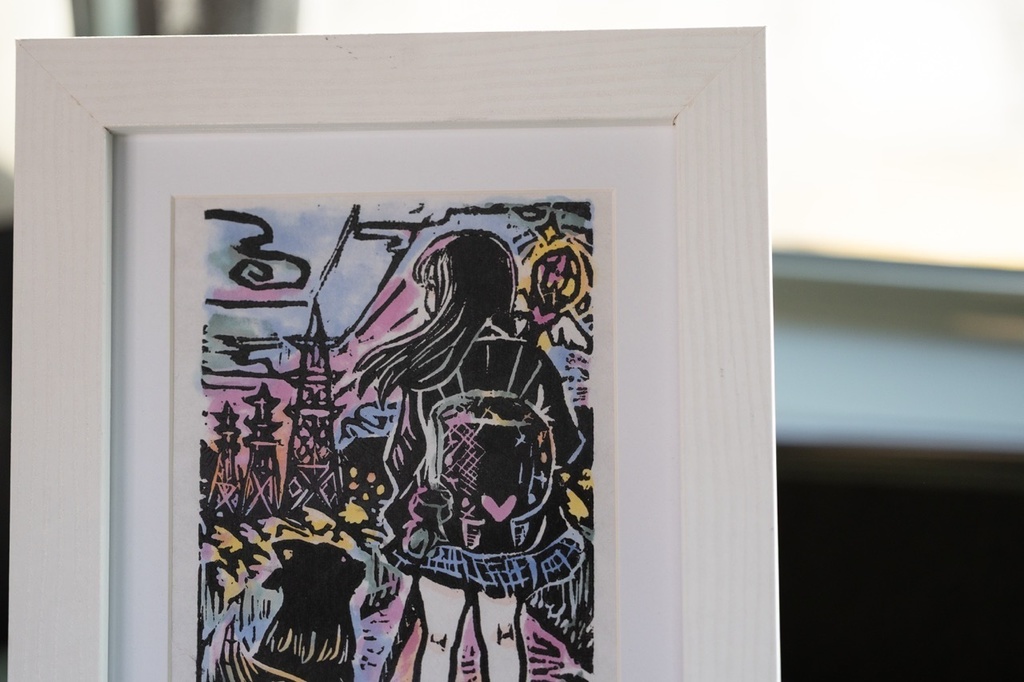 木版画作品 裏手彩色 額装原画 「よるのはじまり」 No.2/5