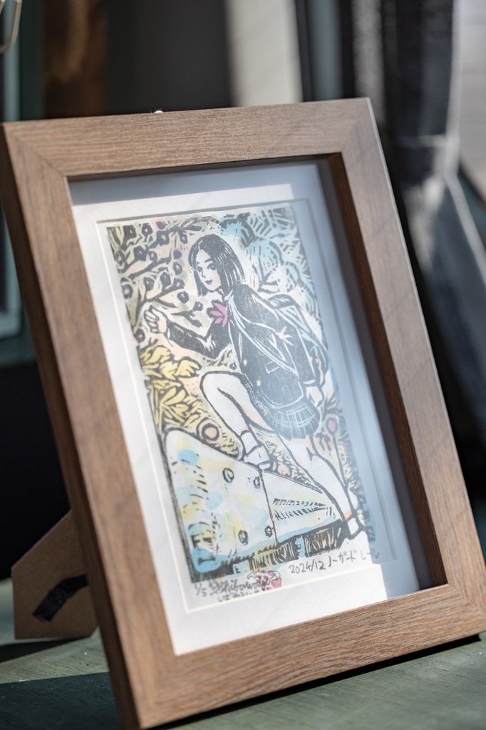 木版画作品 裏手彩色 額装原画 「ノーガードレール」No.1/5