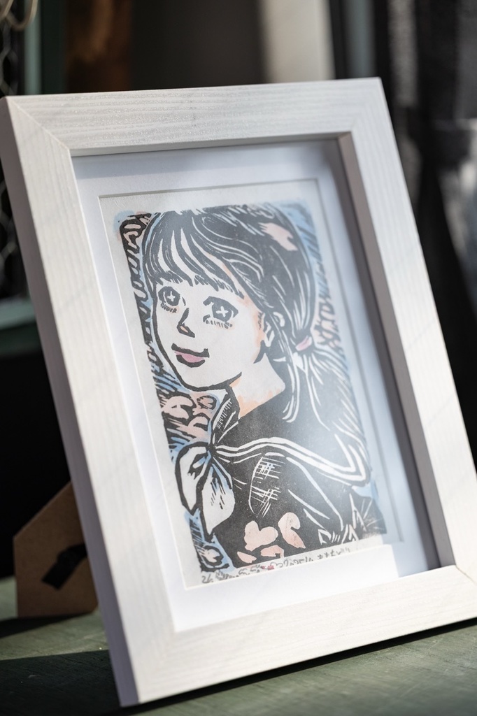 木版画作品 裏手彩色 額装原画 「ももちどり」No.2/8