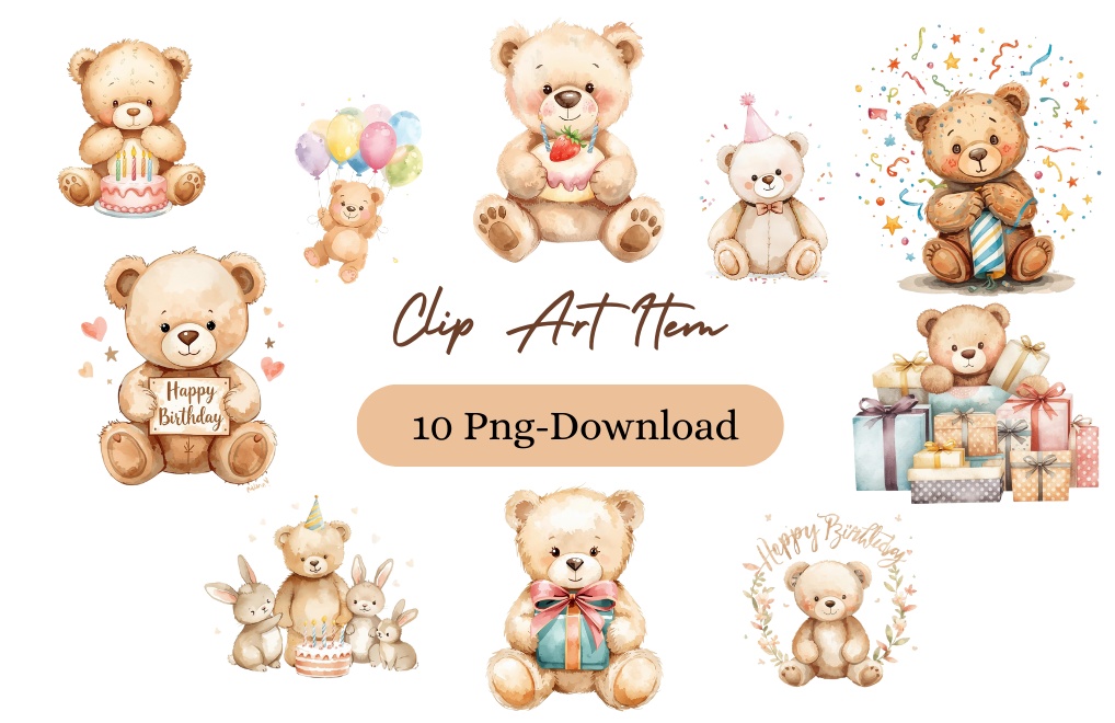 [テディベアシリーズ】水彩画テディベアのバースデー・コレクション(全10種)