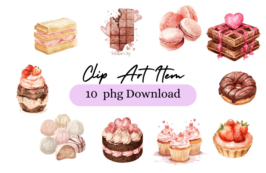 【バレンタインスィーツ】水彩アンティーク風クリップアート10点セット