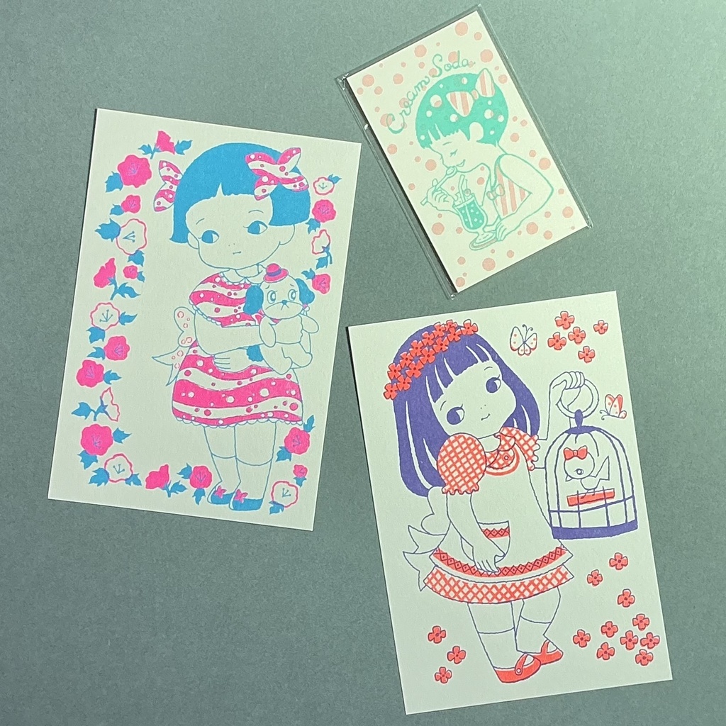 ポストカード「犬のぬいぐるみ」「鳥かご」&ミニメッセージカード「クリームソーダ」の3点セット