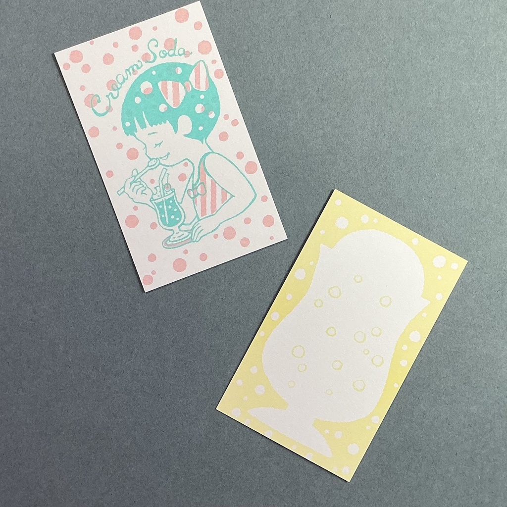 ポストカード「犬のぬいぐるみ」「鳥かご」&ミニメッセージカード「クリームソーダ」の3点セット