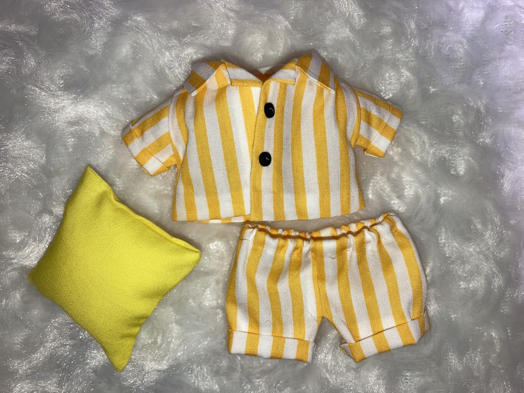 15cmぬい用 ぬい服  パジャマ 黄色白ストライプ クッション付