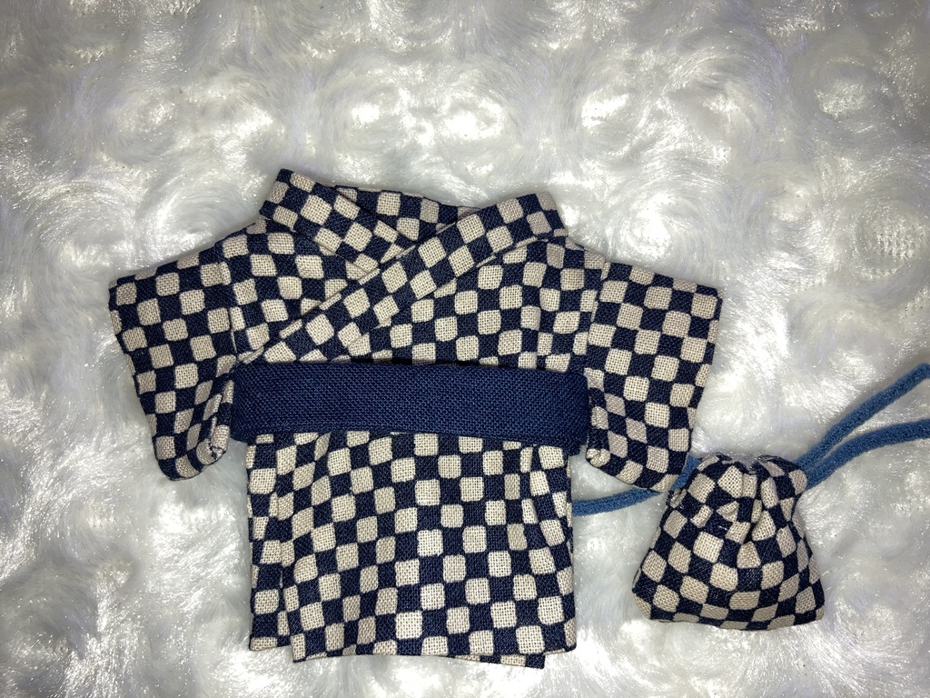 15cmぬい用 ぬい服 浴衣 ゆかた 市松模様 紺 巾着付き