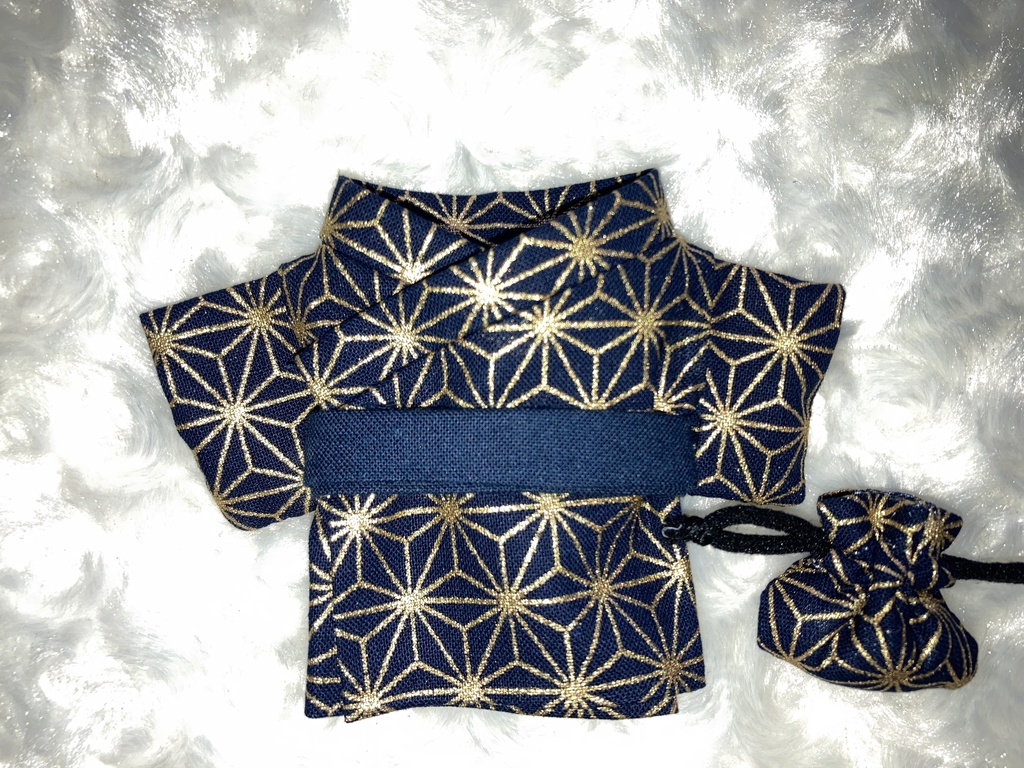 15cmぬい用 ぬい服 浴衣 ゆかた 麻の葉柄 紺 金 巾着付