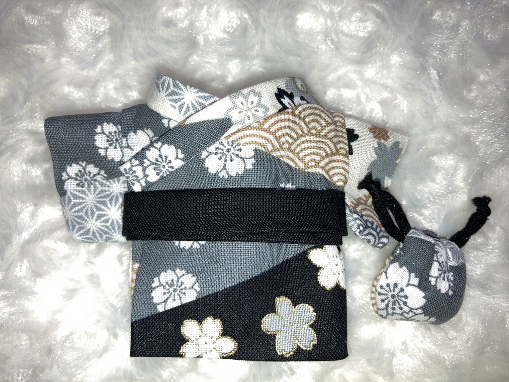 15cmぬい用 ぬい服 浴衣 ゆかた 和柄 桜 黒 巾着付