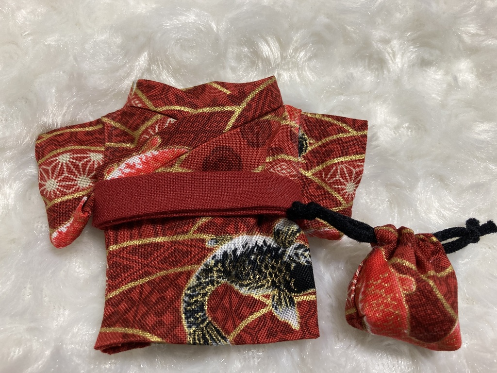 15cmぬい用 ぬい服 浴衣 ゆかた 鯉柄 赤 金 巾着付