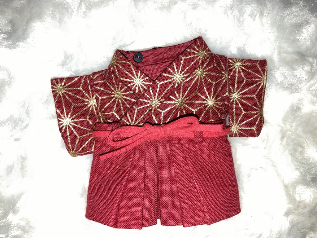 15センチぬい用 ぬい服 和モダン 袴 麻の葉柄 赤 金