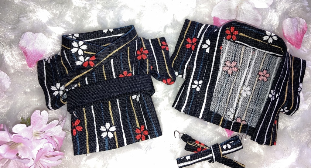 13cm/16cmぬい用 ぬい服 和装 羽織 桜柄 お花見セット 黒