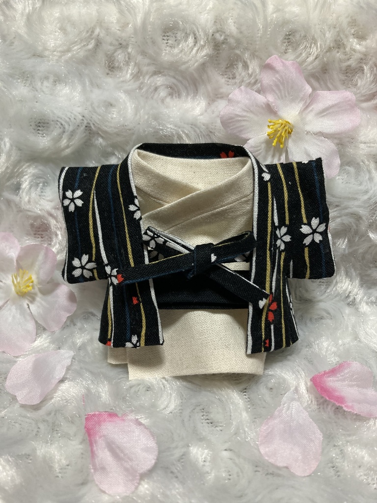 13cm/16cmぬい用 ぬい服 和装 羽織 桜柄黒 お花見セット生成色