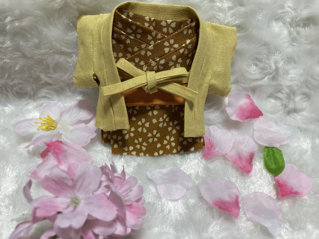 13cm/16cmぬい用 ぬい服 和装 羽織 揚梅色 お花見セット 桜柄芥子色