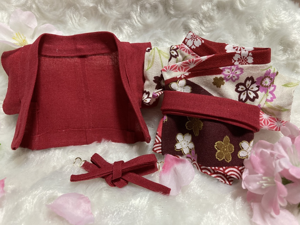 13cm/16cmぬい用 ぬい服 和装 羽織 お花見セット オトナの臙脂色 桜柄和柄