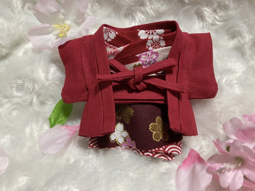 13cm/16cmぬい用 ぬい服 和装 羽織 お花見セット オトナの臙脂色 桜柄和柄