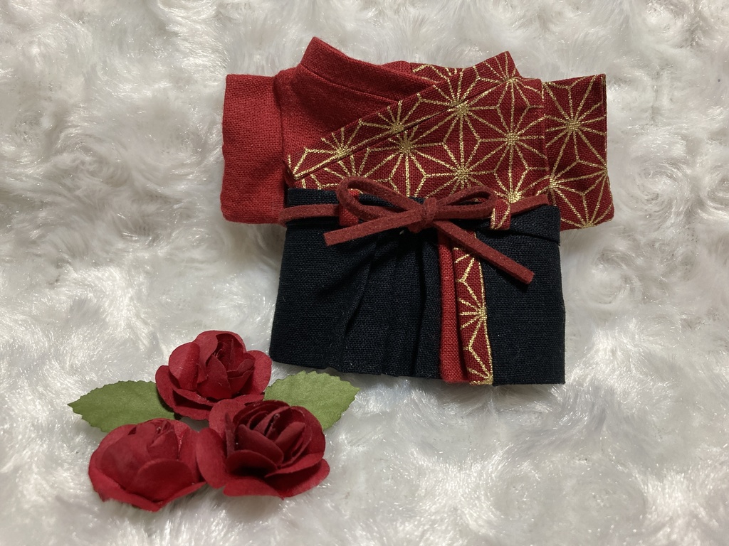 13cm/16cmぬい用 ぬい服 和装 袴 麻の葉柄 真紅 赤金