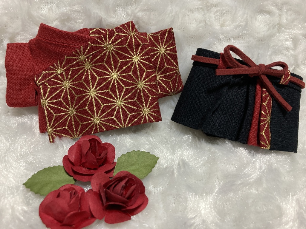 13cm/16cmぬい用 ぬい服 和装 袴 麻の葉柄 真紅 赤金