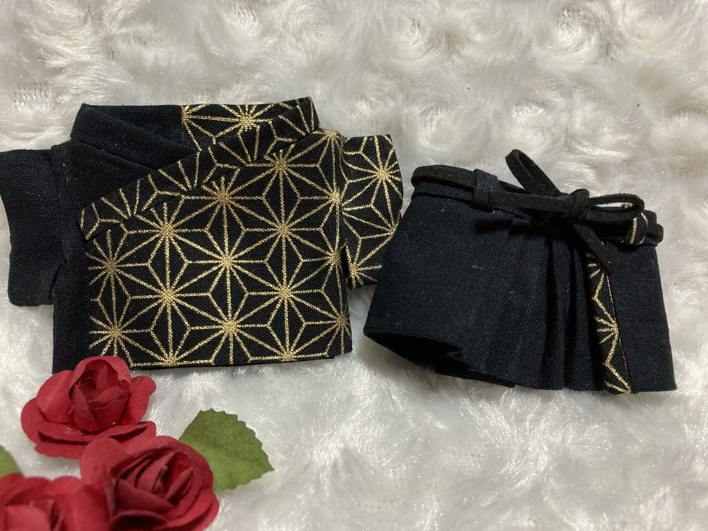 13cm/16cmぬい用 ぬい服 和装 袴 麻の葉柄 黒 黒金