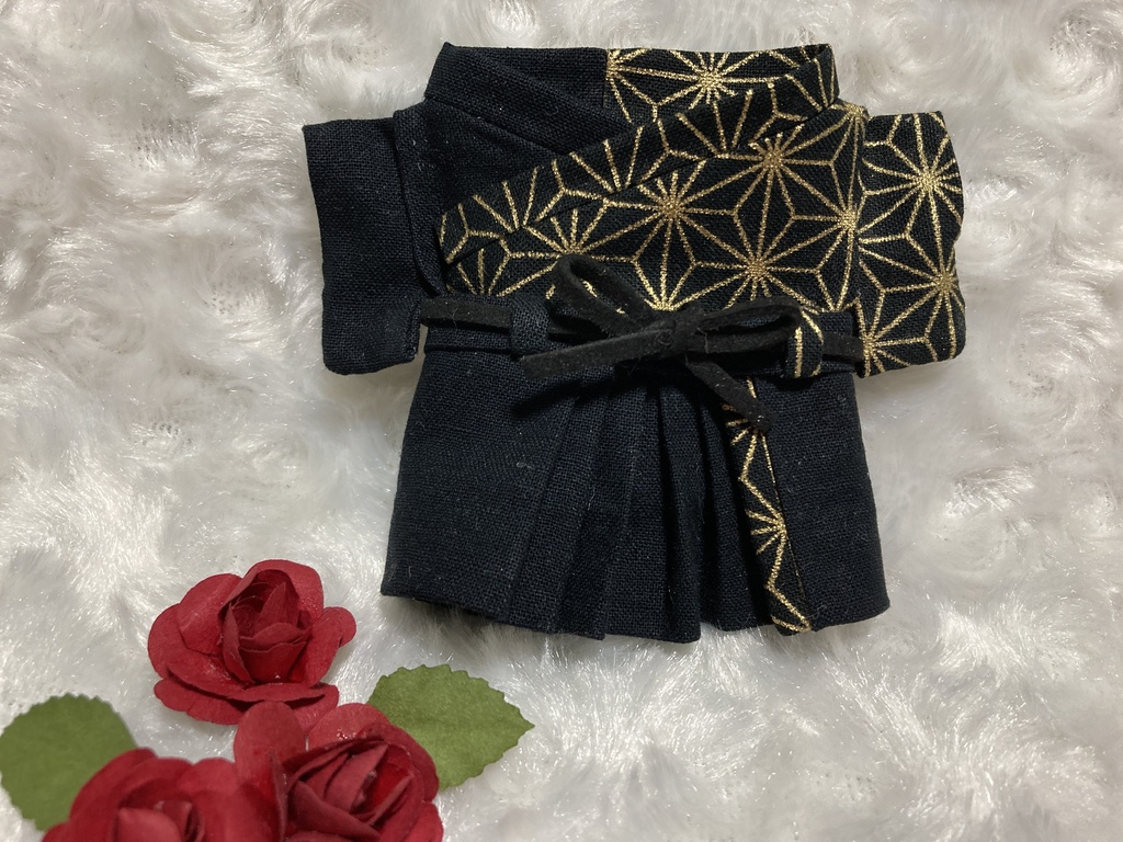 13cm/16cmぬい用 ぬい服 和装 袴 麻の葉柄 黒 黒金