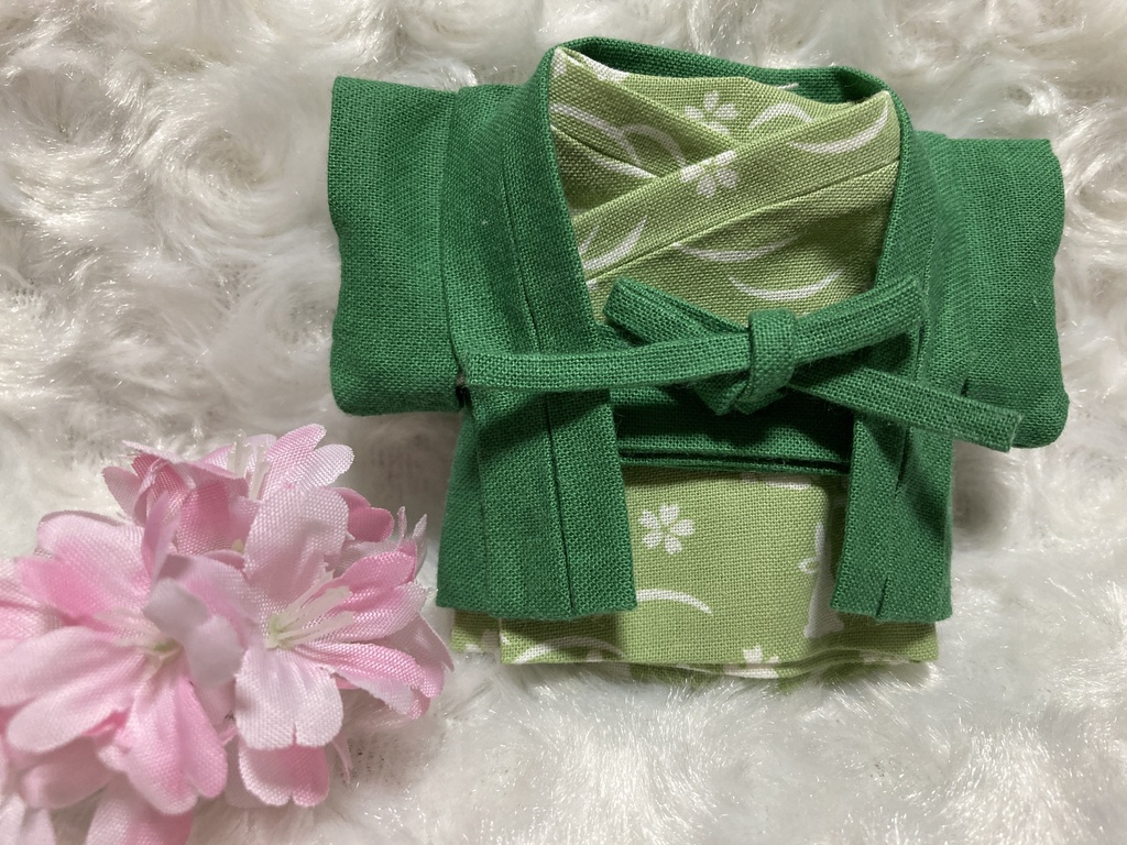 13cm/16cmぬい用 ぬい服 和装 羽織 お出かけセット ふんわり花萌黄色 桜と兎柄