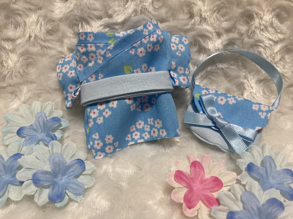 13cm/16cmぬい用 ぬい服 和装 浴衣 お出かけセット あじさい 水色 バッグ付