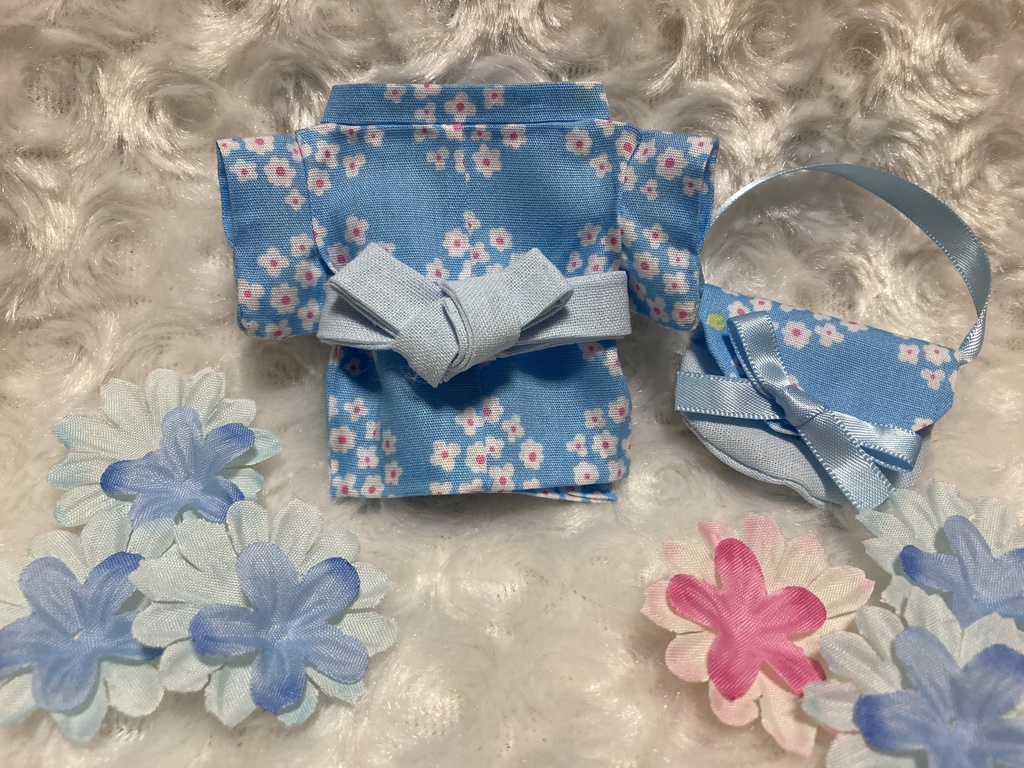 13cm/16cmぬい用 ぬい服 和装 浴衣 お出かけセット あじさい 水色 バッグ付