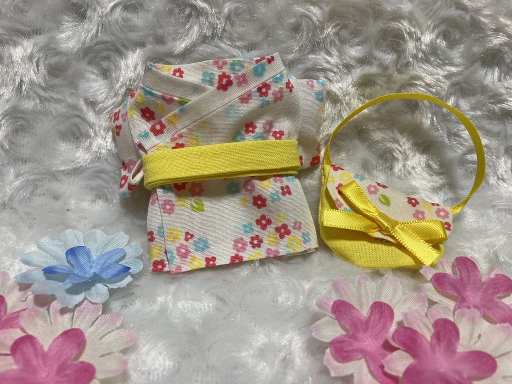 13cm/16cmぬい用 ぬい服 和装 浴衣 お出かけセット あじさい 白 バッグ付