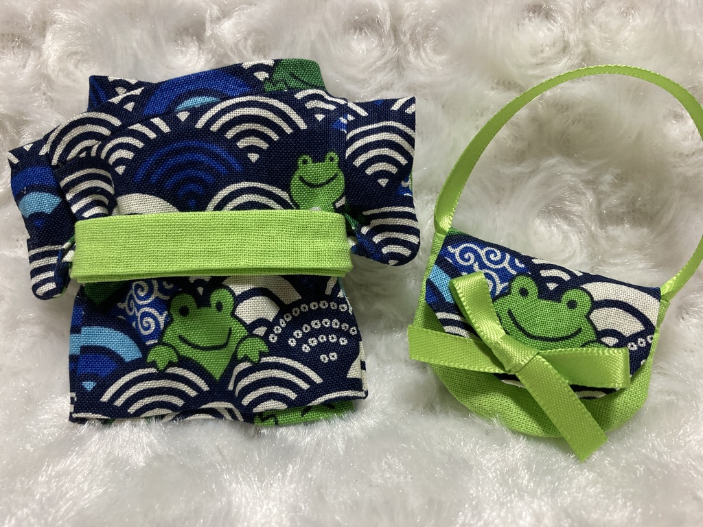 13cm/16cmぬい用 ぬい服 和装 浴衣 お出かけセット 青海波と蛙 バッグ付