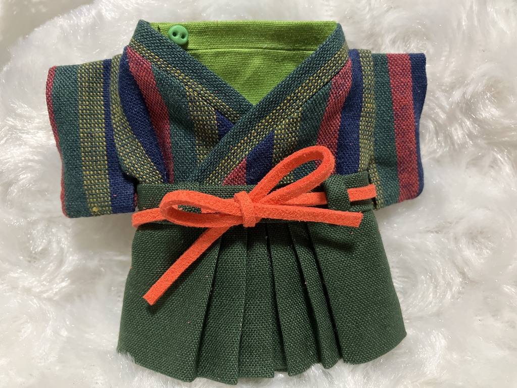 13cm/16cmぬい用 ぬい服 和モダン袴 レトロ調ストライプ 橙色③ 若葉色