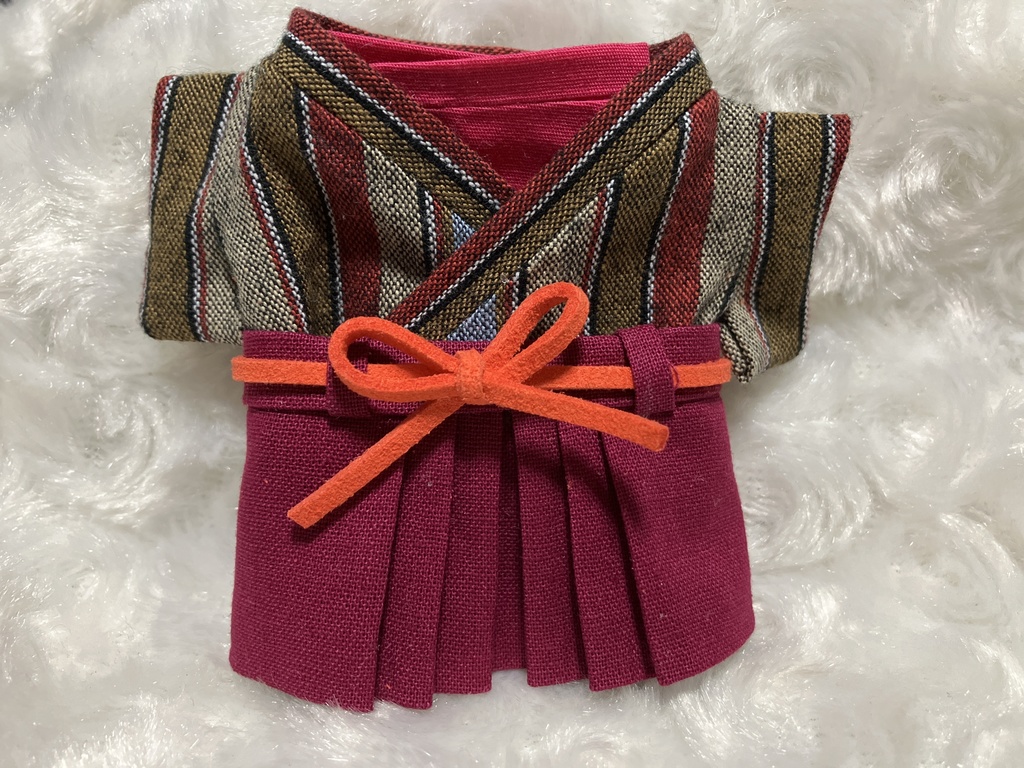 13cm/16cmぬい用 ぬい服 和モダン袴 レトロ調ストライプ 橙色④ 薔薇色