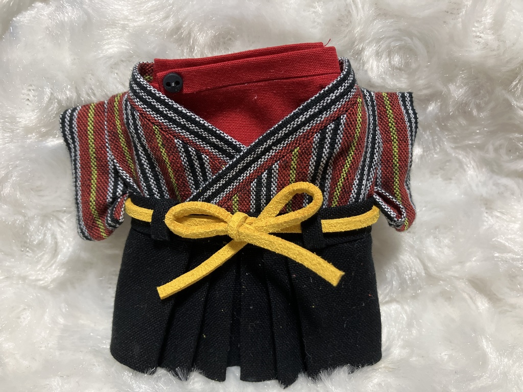 13cm/16cmぬい用 ぬい服 和モダン袴 レトロ調ストライプ 芥子色① 赤