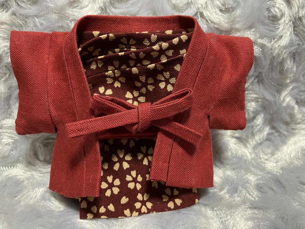 13cm/16cmぬい用 ぬい服 和装 羽織 お出かけセット 真紅 桜柄 えんじ色