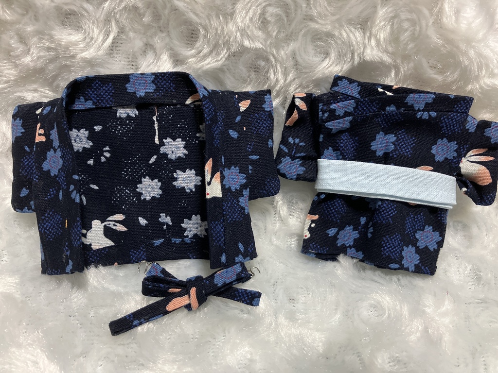 13cm/16cmぬい用 ぬい服 和装羽織 お出かけセット うさぎと花柄 藍色