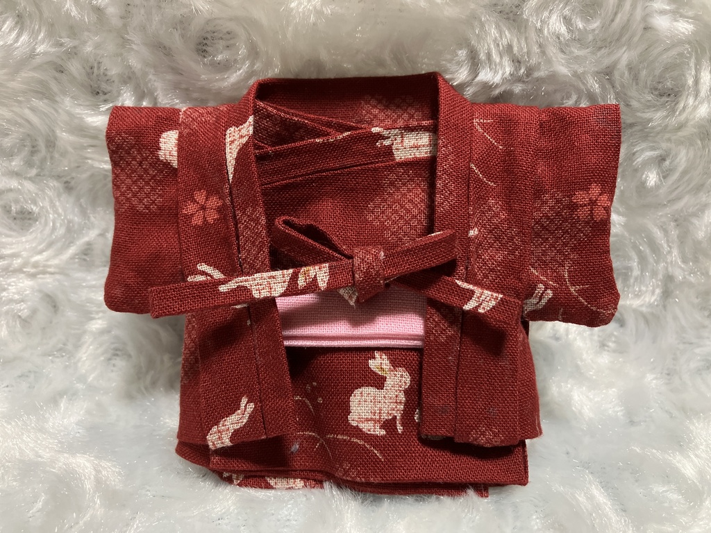 13cm/16cmぬい用 ぬい服 和装 羽織 お出かけセット うさぎと花柄 赤銅色