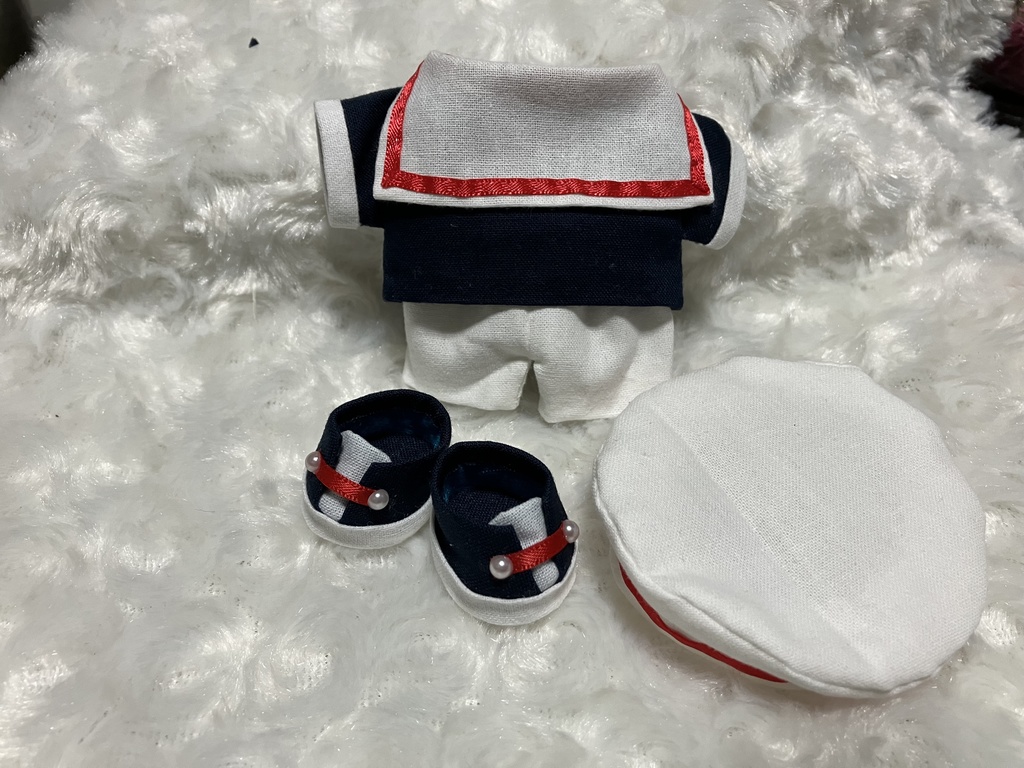13cm/16cmぬい用 ぬい服 ぬい靴 セーラーカラー ベレー帽付 紺+白