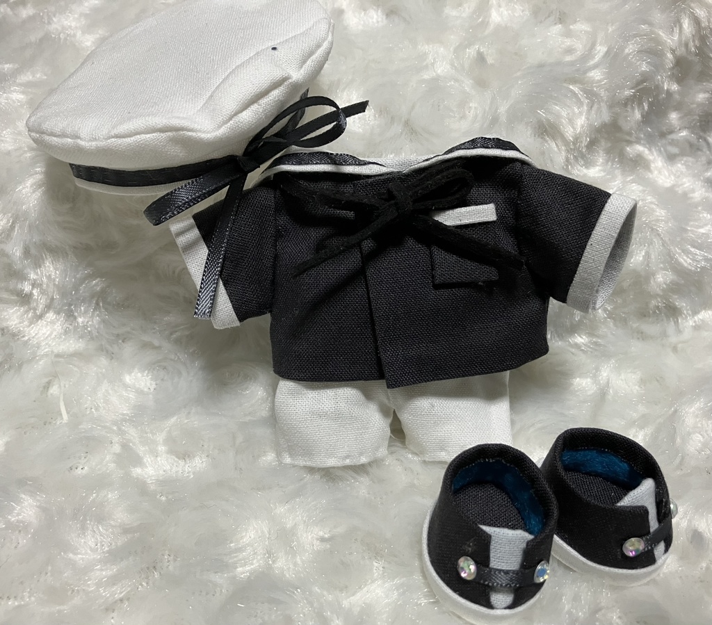 13cm/16cmぬい用 ぬい服 ぬい靴 セーラーカラー ベレー帽付 黒灰色+白