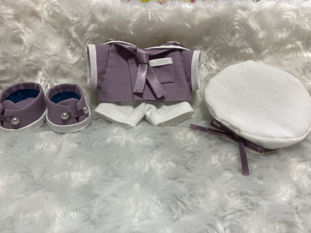 12cmぬい用 ぬい服 ぬい靴 セーラーカラー ベレー帽付き 白＋薄紫