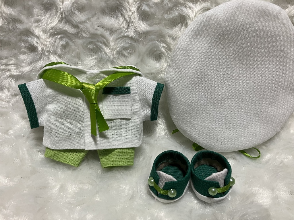 16cmぬい用 ぬい服 ぬい靴 セーラーカラー ベレー帽付き 緑/黄緑/白