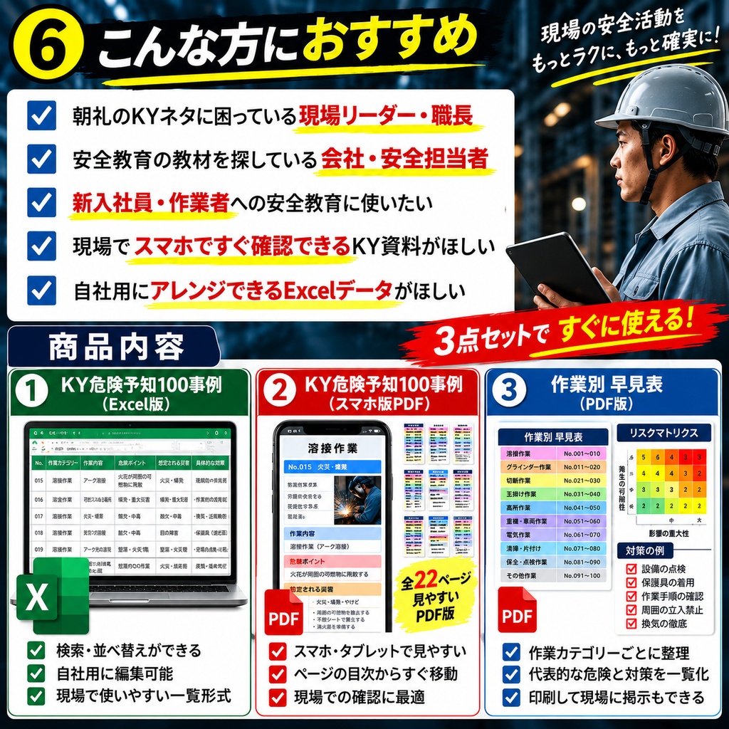 30秒で探せる 現場KY危険予知100事例|PDF+検索Excel