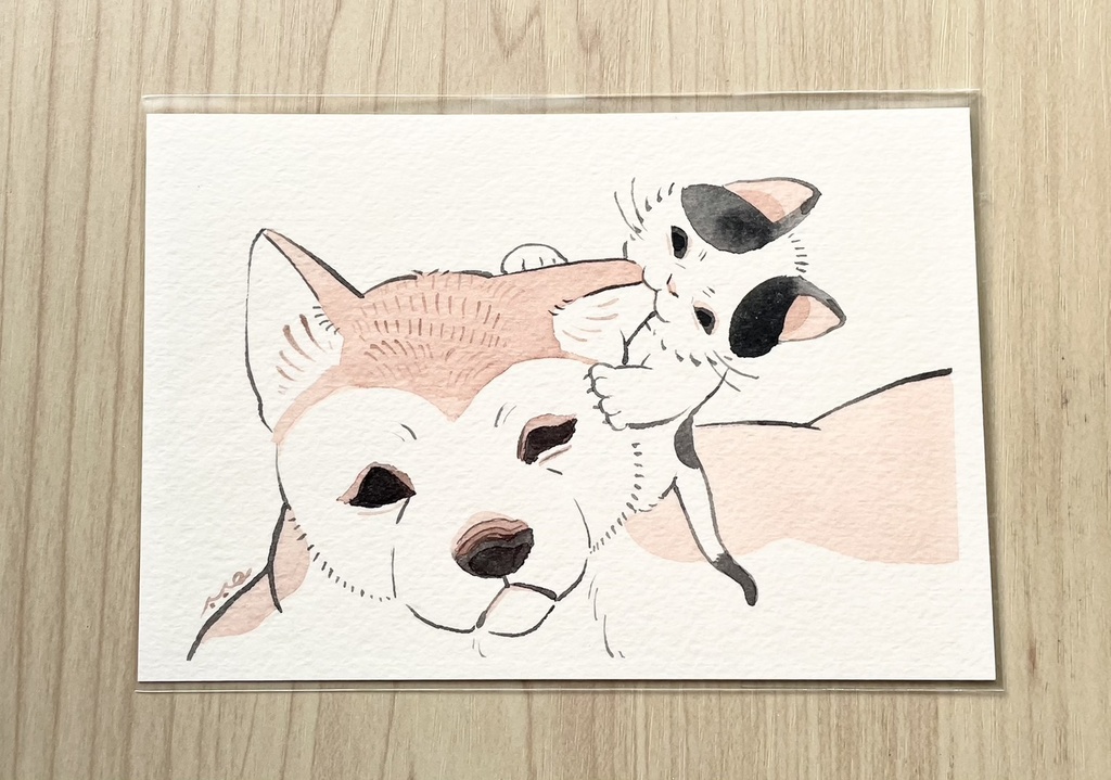 いぬねこ墨彩絵【フレームレス原画】