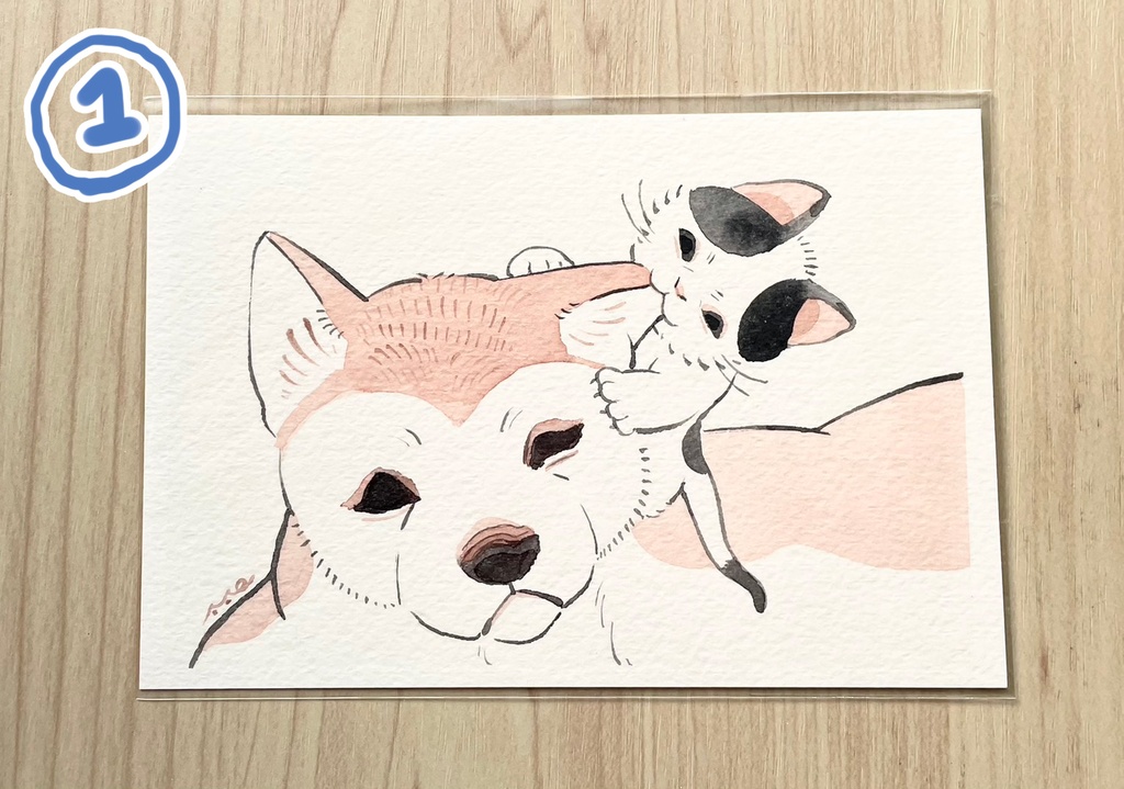 いぬねこ墨彩絵【フレームレス原画】