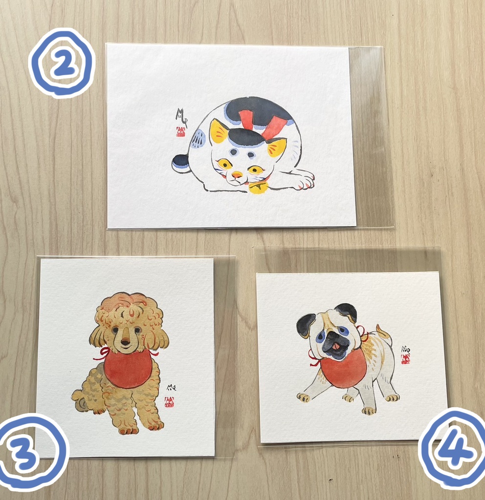 いぬねこ墨彩絵【フレームレス原画】