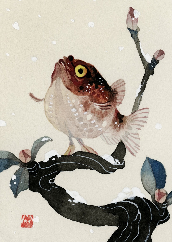 雪に魚【額付ミニ原画】