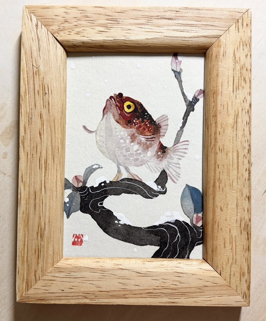 雪に魚【額付ミニ原画】