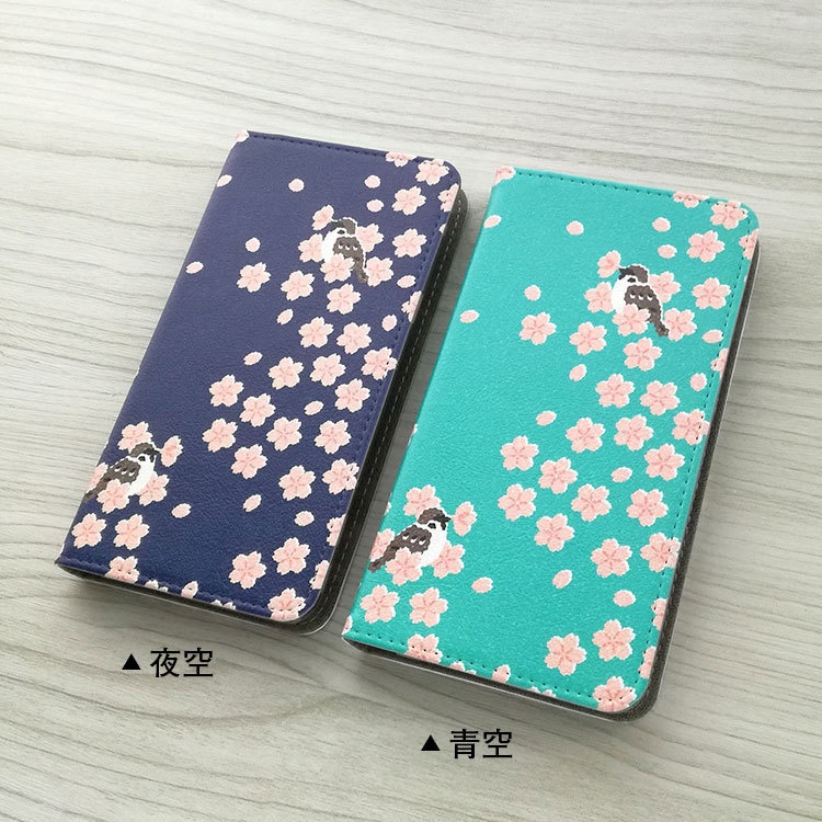 桜と盗蜜スズメ 手帳型スマホケース