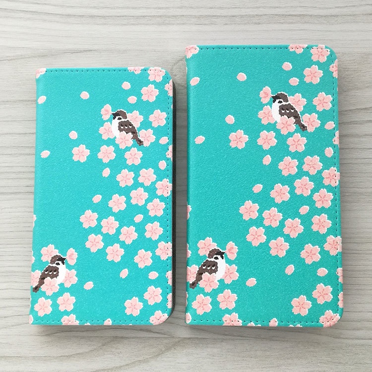 桜と盗蜜スズメ 手帳型スマホケース