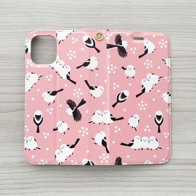 シマエナガ 小花 手帳型スマホケース