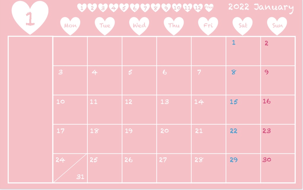 2022年1月始まりカレンダー(デジタルプランナー)baby pink